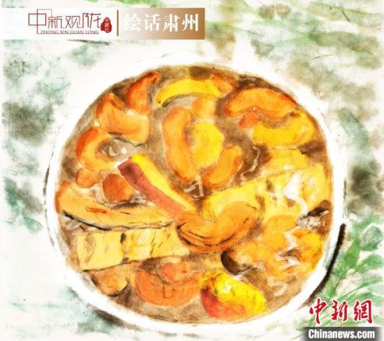 圖為酒泉美食“糊鍋”繪畫(huà)作品?！《排d彥 攝