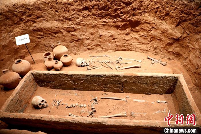 圖為河湟文化博物館復(fù)制展陳的墓葬及其彩陶陪葬品。　薛蒂 攝